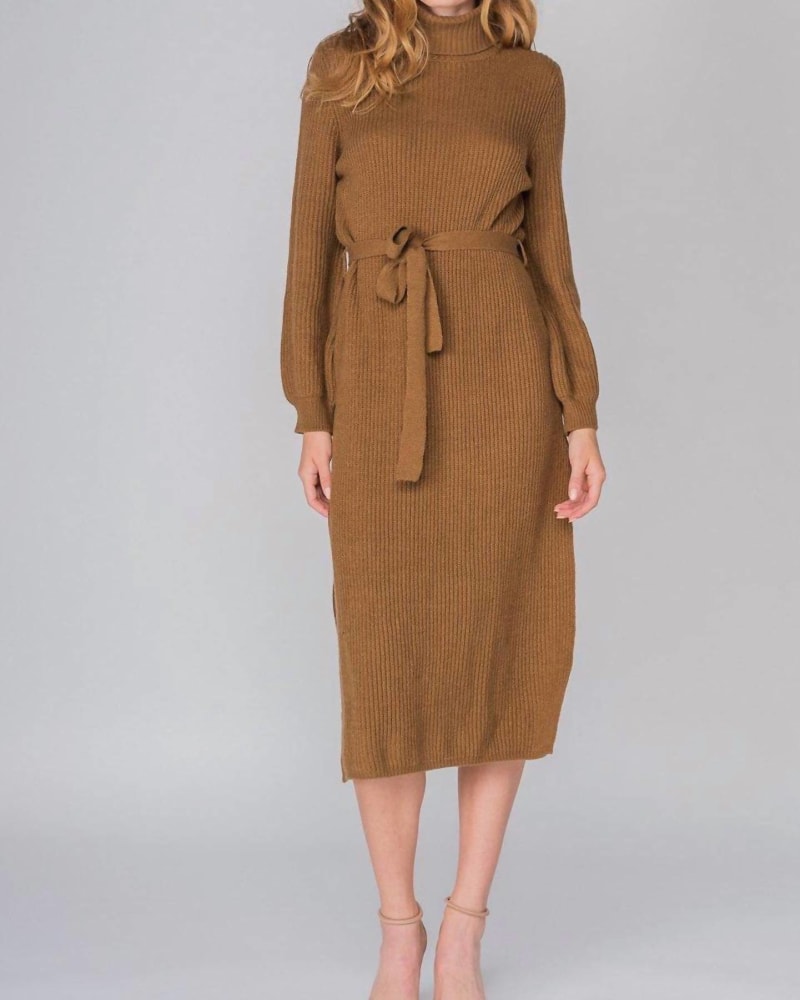 Front of a model wearing a size L (10-12) Cafe Turtleneck Sweater Dress in Brown in Brown by Fore. | dia_product_style_image_id:339547